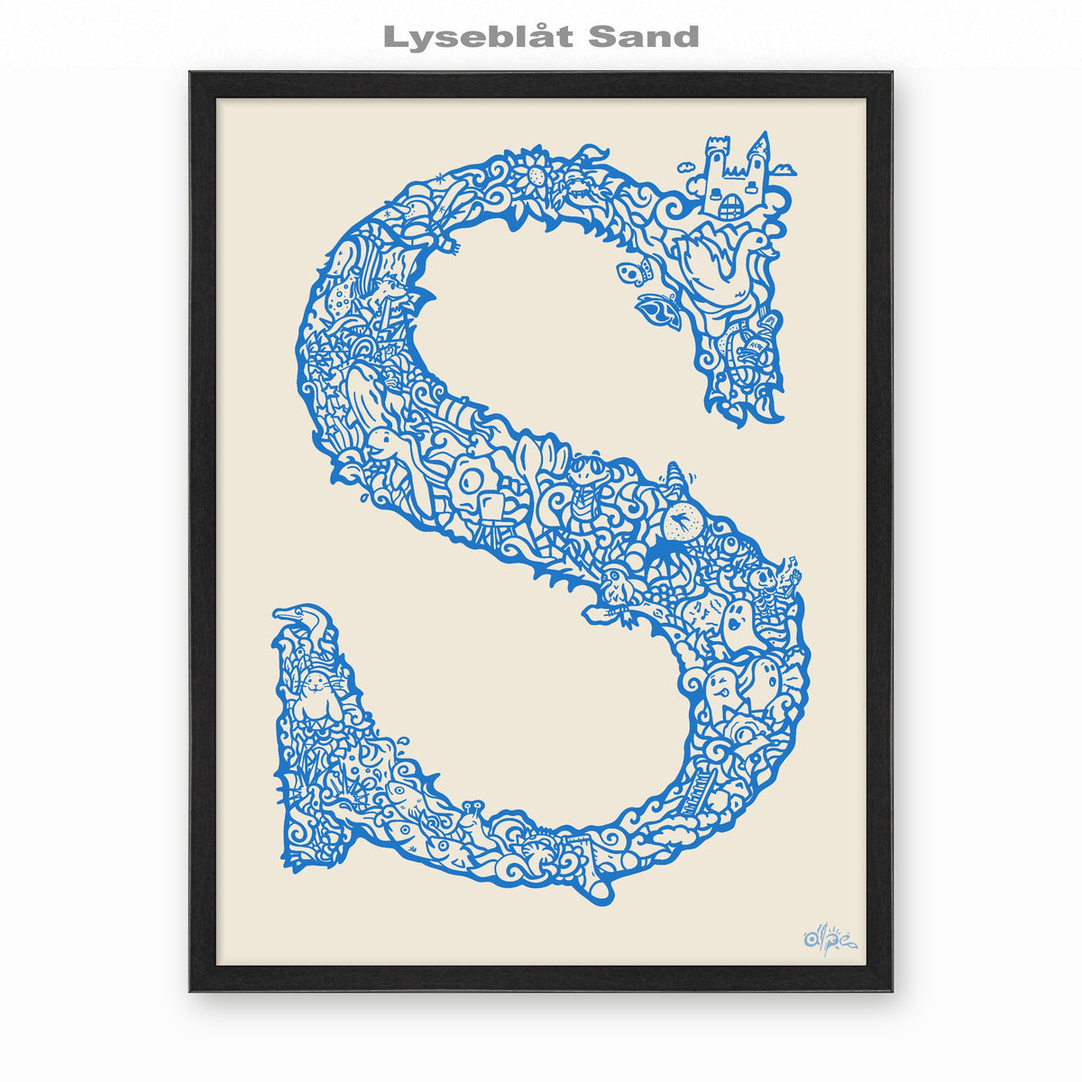 S, Danish Edition by Alpe, Lyseblåt Sand, in a Black frame