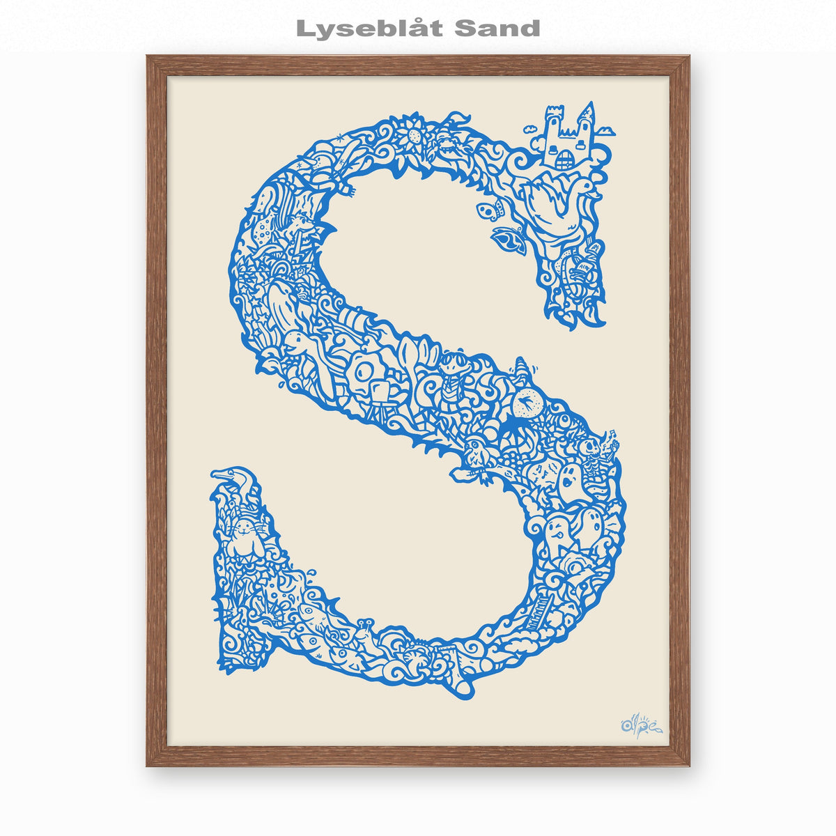 S, Danish Edition by Alpe, Lyseblåt Sand, in a Dark Oak frame