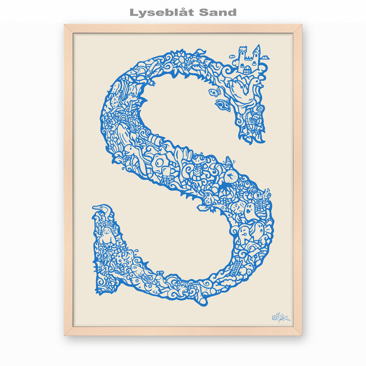 S, Danish Edition by Alpe, Lyseblåt Sand, in a Rose frame