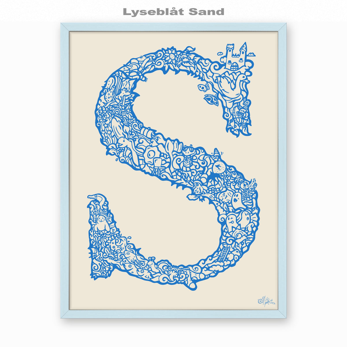 S, Danish Edition by Alpe, Lyseblåt Sand, in a Sky Blue frame