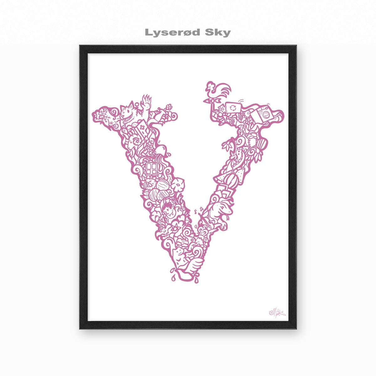 V, Danish Edition by Alpe, Lyserød Sky, in a Black frame