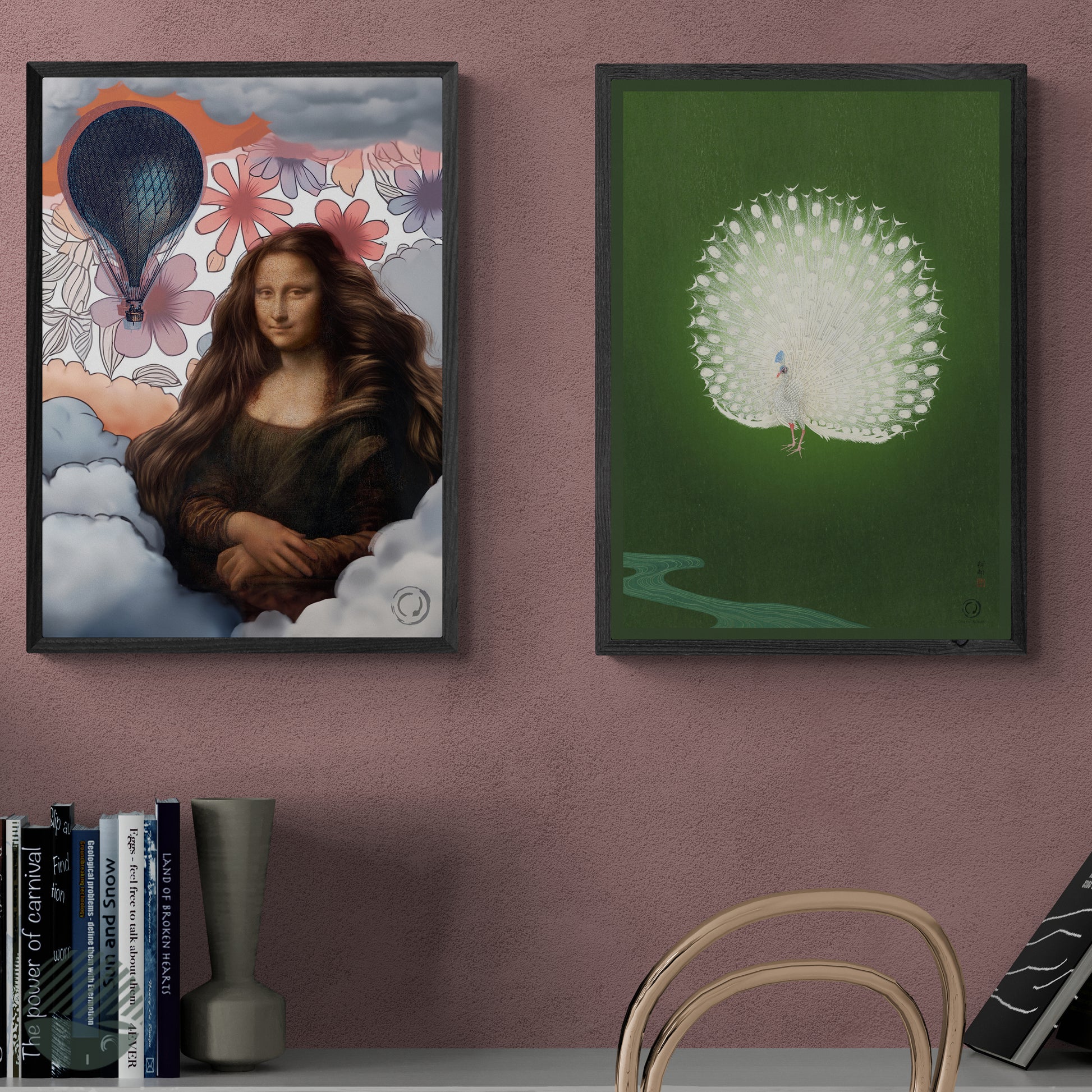 Among the clouds - Monai Lisai art print by Pública Rework mockup workspace with books and other art piece