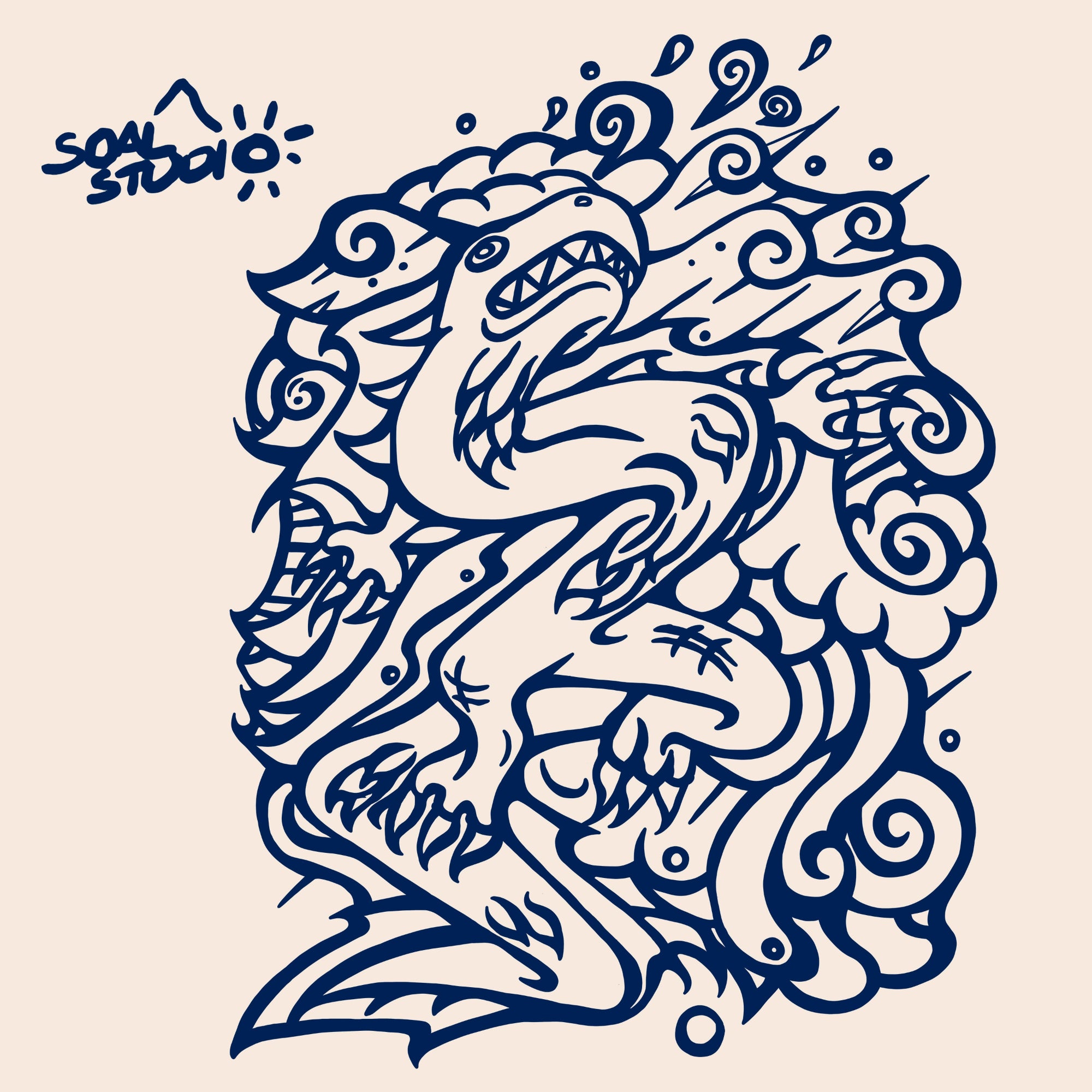 SOAL Studio batch #1 colourline - Beige and Navy blue dragon example. Decorative dragon design with intricate patterns on a beige background, featuring the brand 'Soul Studio'.