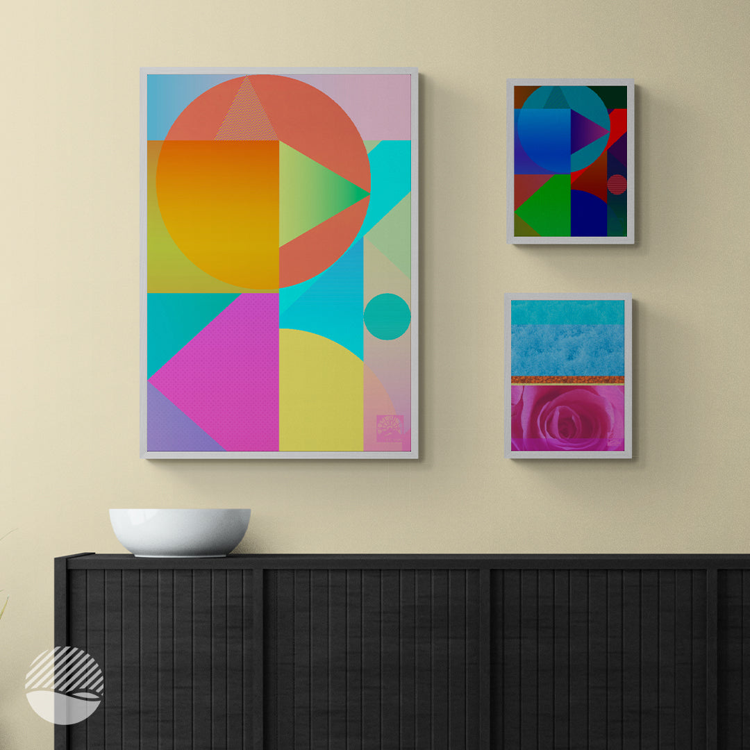 Living room mockup of Building Colours in Sunrise,  Dusk and wavy rose art print by SOAL Studio on NOKUKO.com 