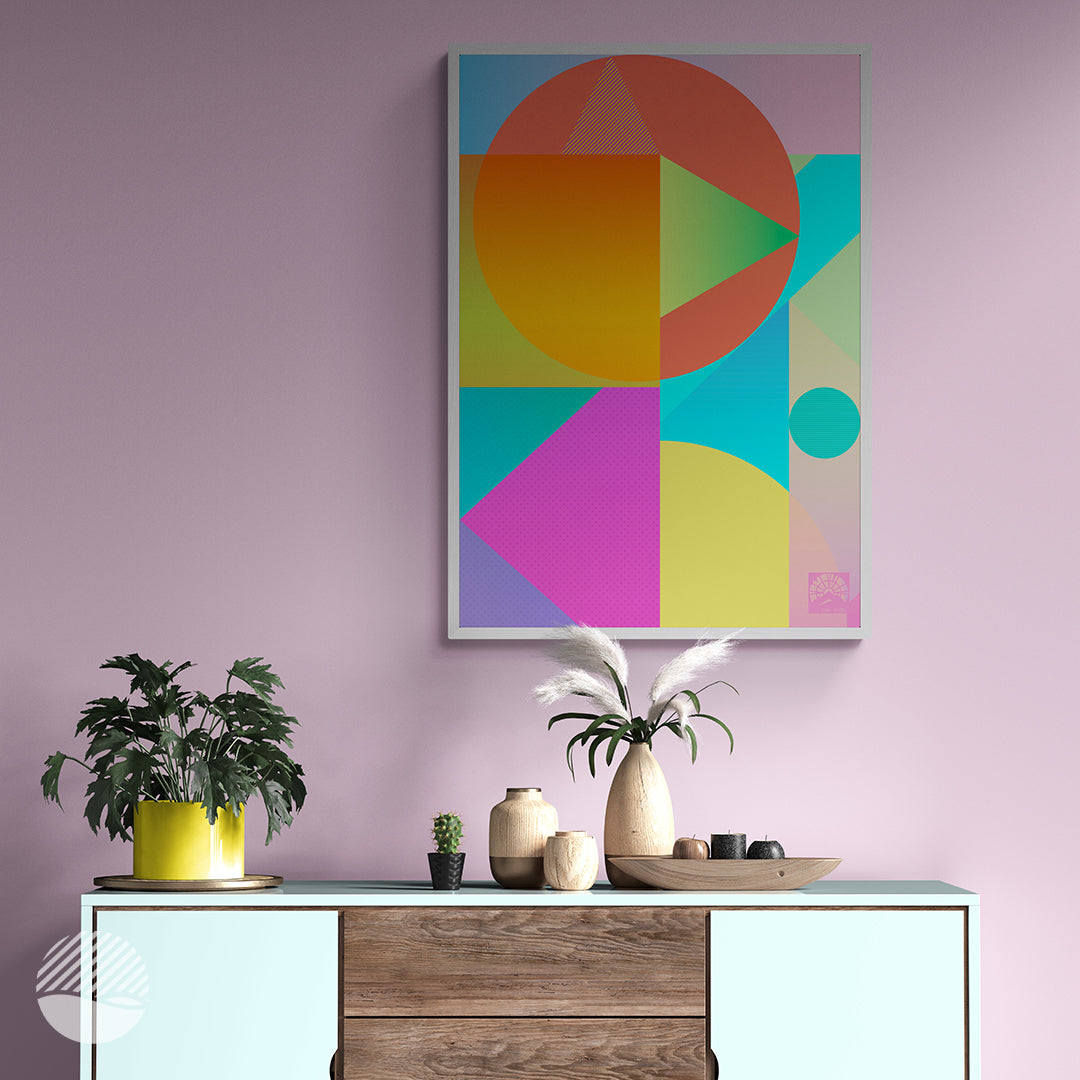 Pink Living room mockup of Building Colours in Sunrise art print by SOAL Studio on NOKUKO.com 