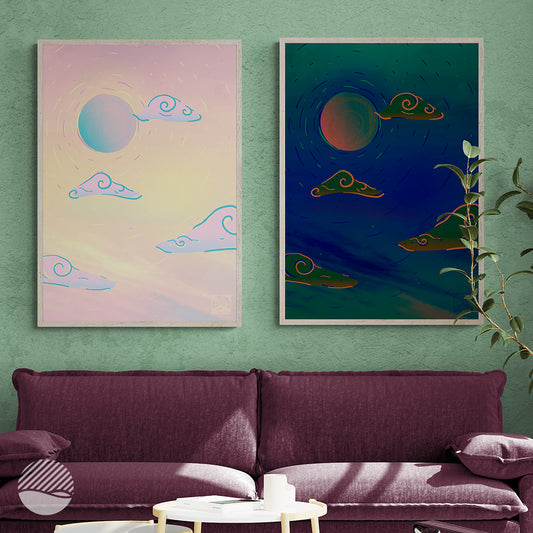 Living room mockup of Lifting Sky in Sunset and Cloudy Night art print by SOAL Studio on NOKUKO.com 