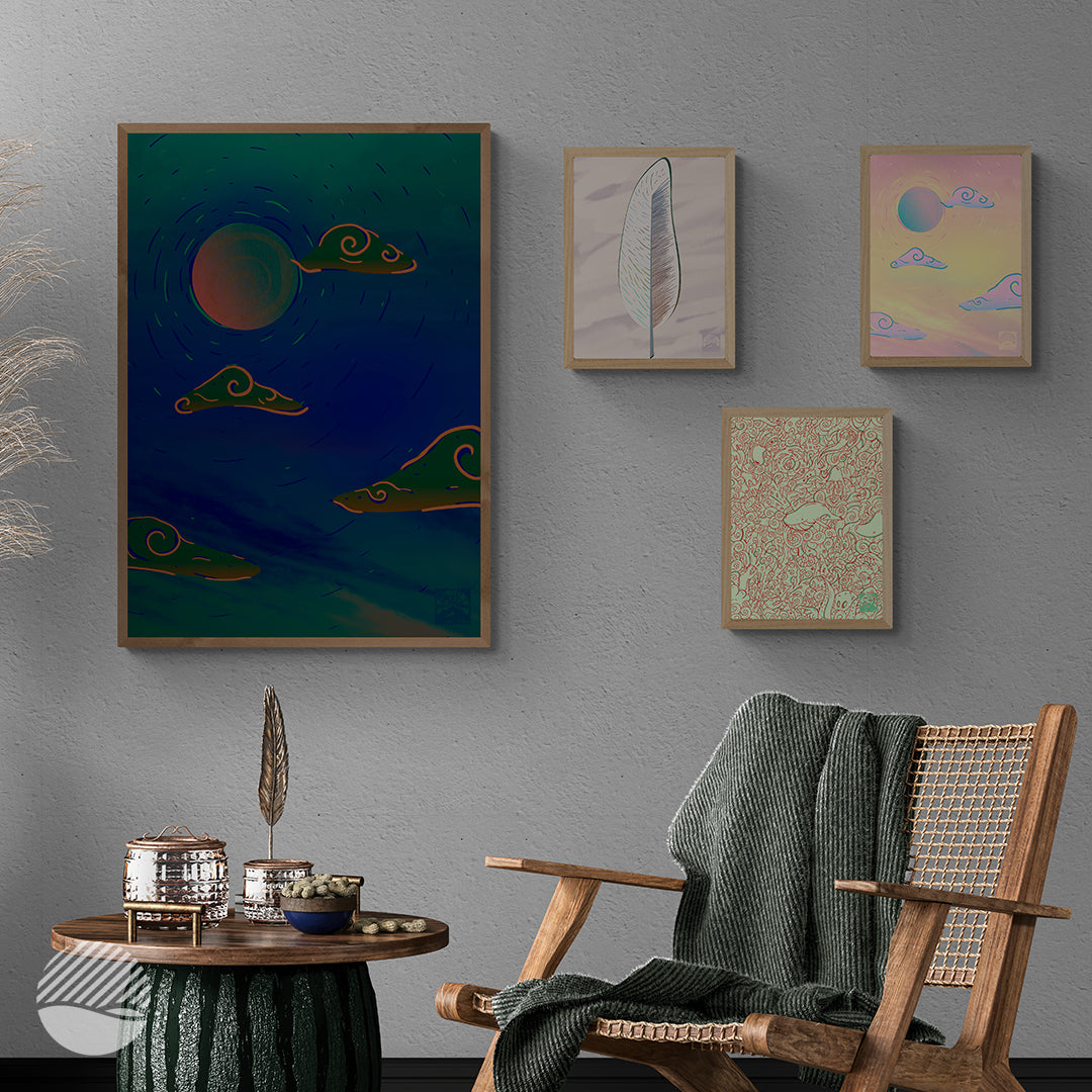 Living room mockup of Lifting Sky in Sunset and Cloudy Night plus unknown feather and ocean dreams art print by SOAL Studio on NOKUKO.com 
