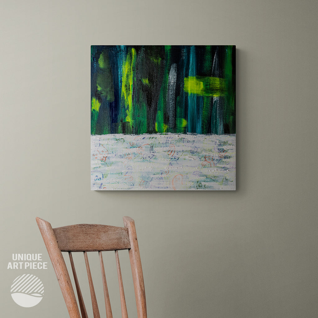 Studio mockup of Between Worlds by Alan Pedersen - ALANTHEROCK. An original acrylic painting with drawn details in 50cm x 50cm dimension.