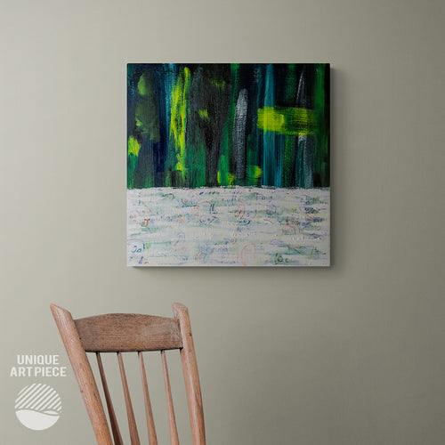 Studio mockup of Between Worlds by Alan Pedersen - ALANTHEROCK. An original acrylic painting with drawn details in 50cm x 50cm dimension.