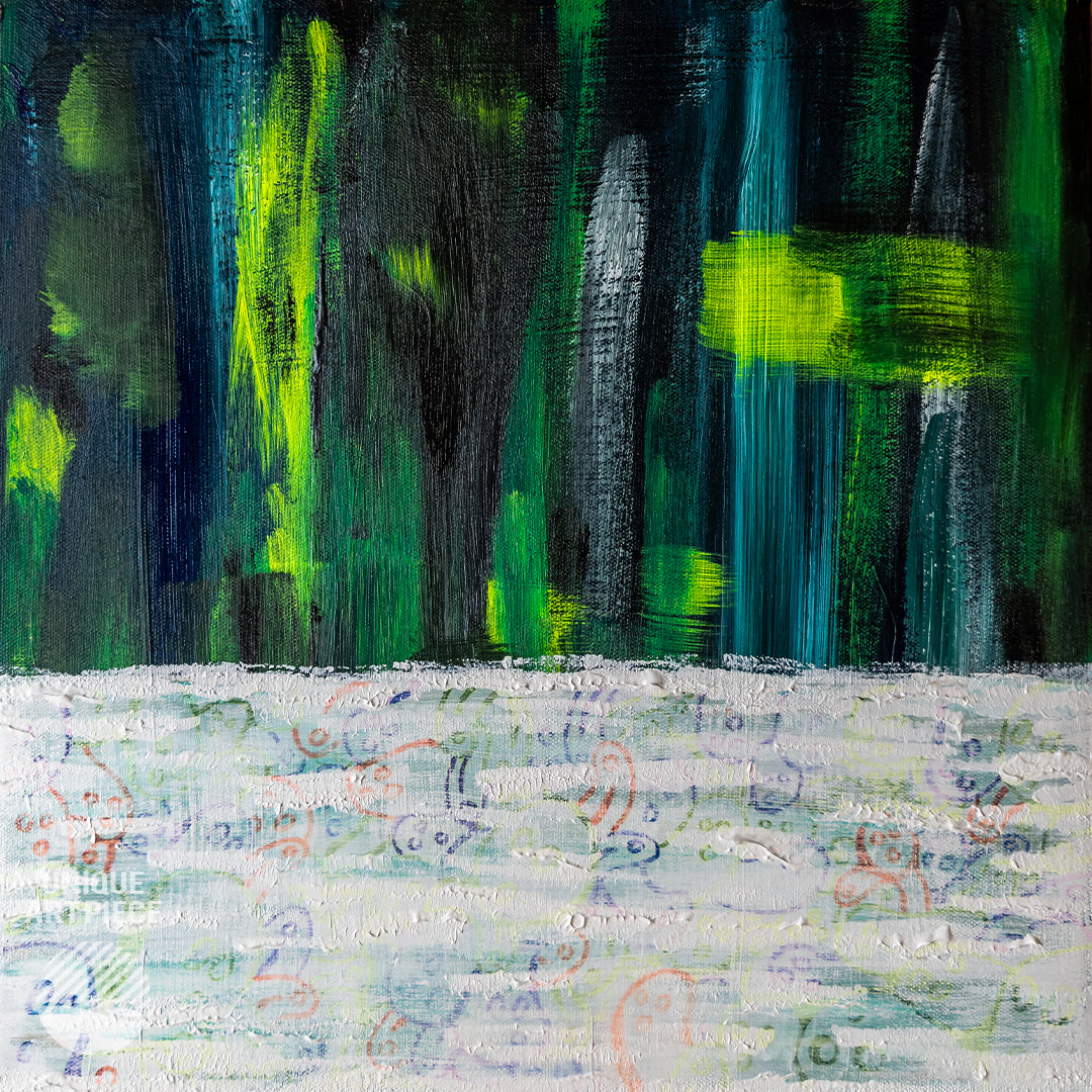 Closeup photo of Between Worlds by Alan Pedersen - ALANTHEROCK. An original acrylic painting with drawn details in 50cm x 50cm dimension.