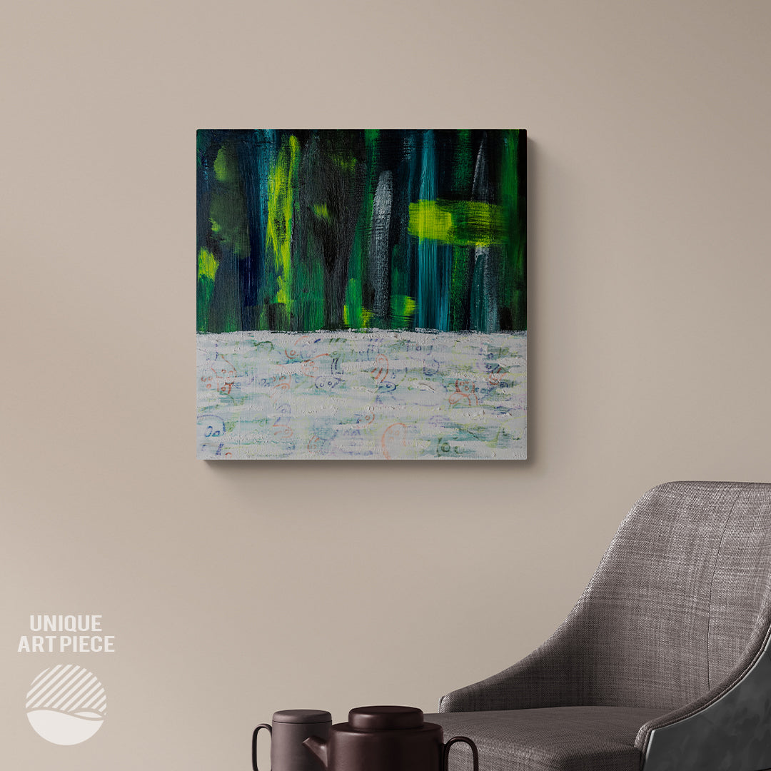 Gallery mockup of Between Worlds by Alan Pedersen - ALANTHEROCK. An original acrylic painting with drawn details in 50cm x 50cm dimension.