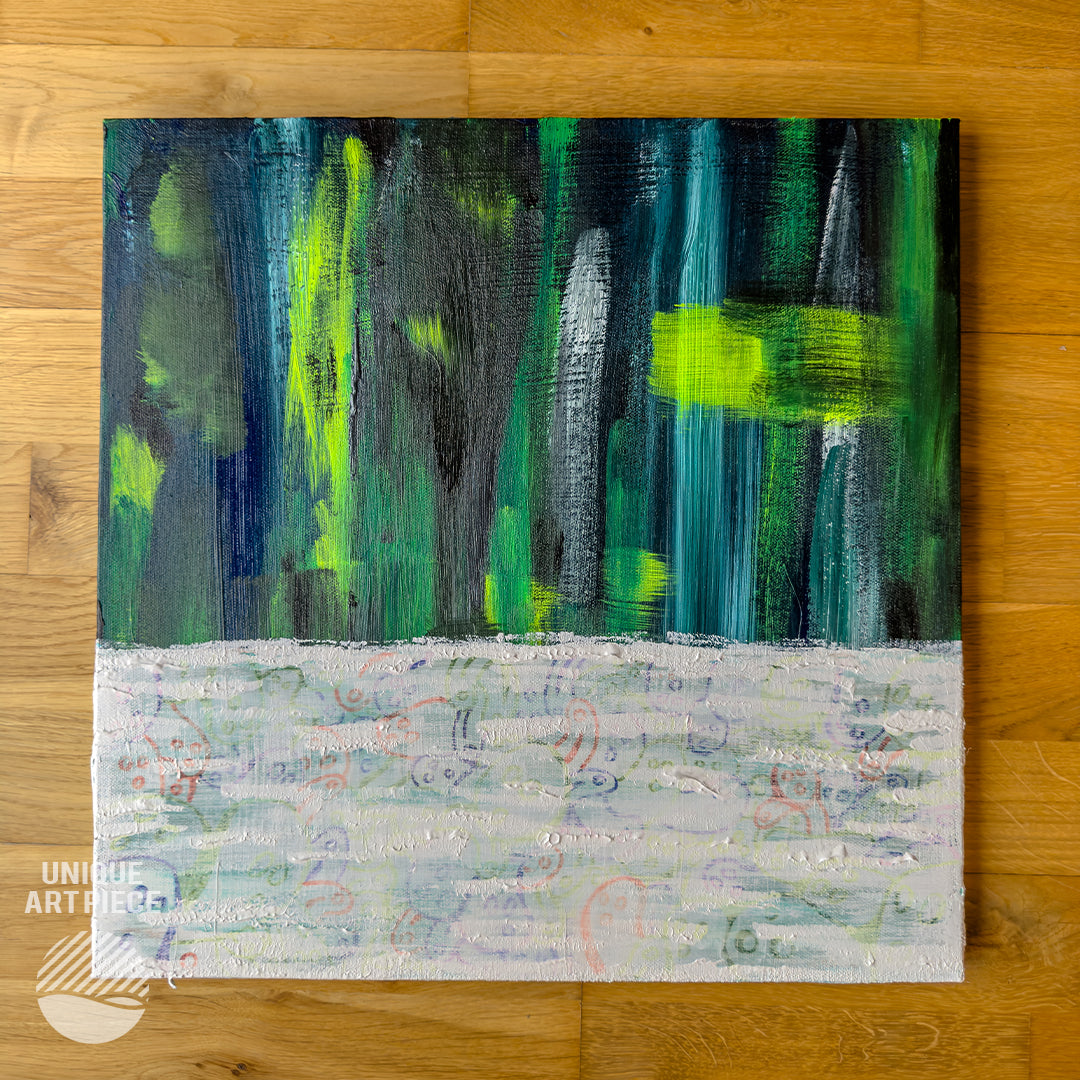 Topdown photo of Between Worlds by Alan Pedersen - ALANTHEROCK. An original acrylic painting with drawn details in 50cm x 50cm dimension.