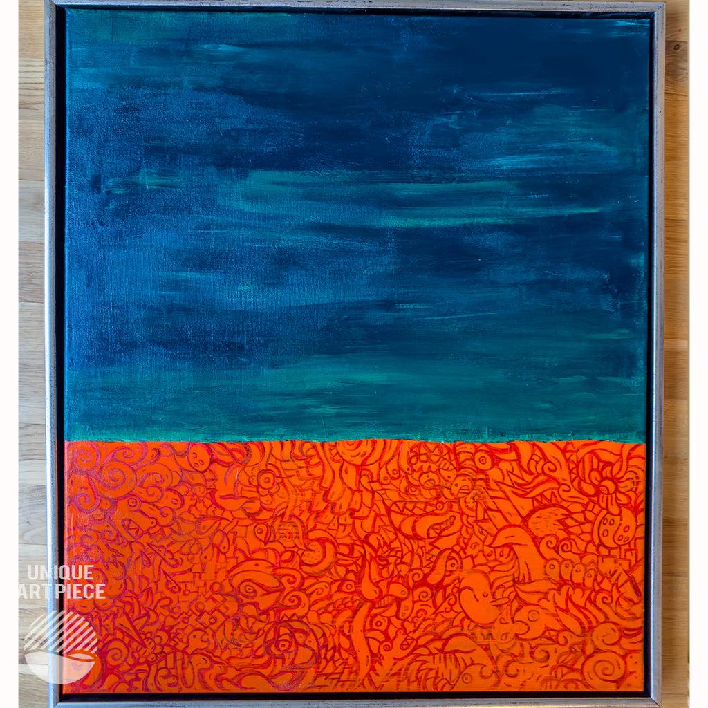 topdown photo of Beneath the Surface with frame  by Alan Pedersen - ALANTHEROCK. An original and unique acrylic painting with drawn details in 60cm x70cm dimension.