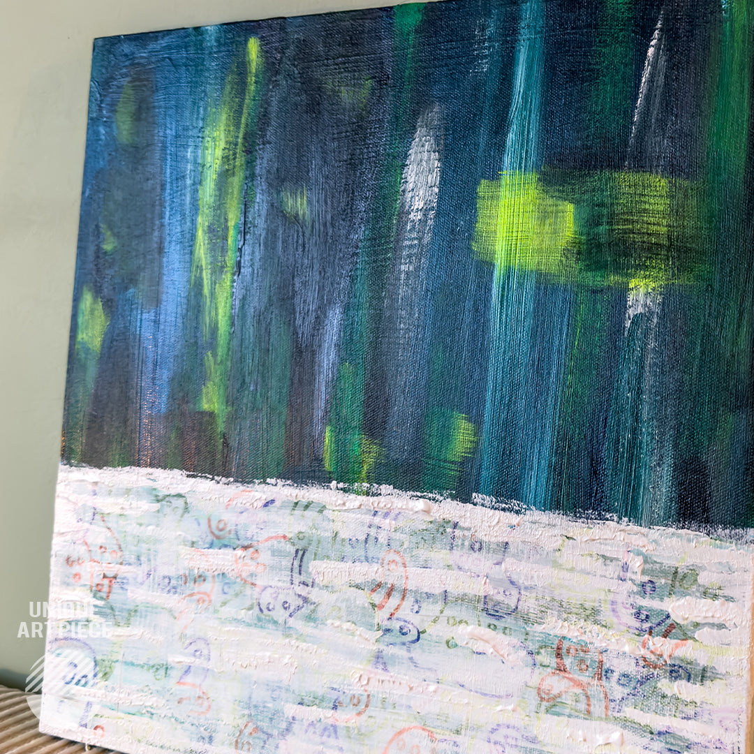 Side photo of Between Worlds by Alan Pedersen - ALANTHEROCK. An original acrylic painting with drawn details in 50cm x 50cm dimension.