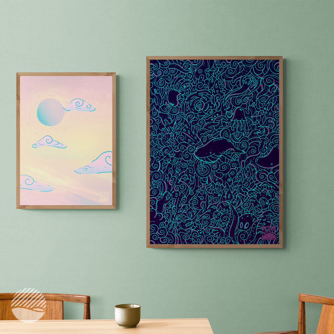 Living room mockup of Ocean Dreams in Great Reef and lifting sky art print by SOAL Studio on NOKUKO.com 