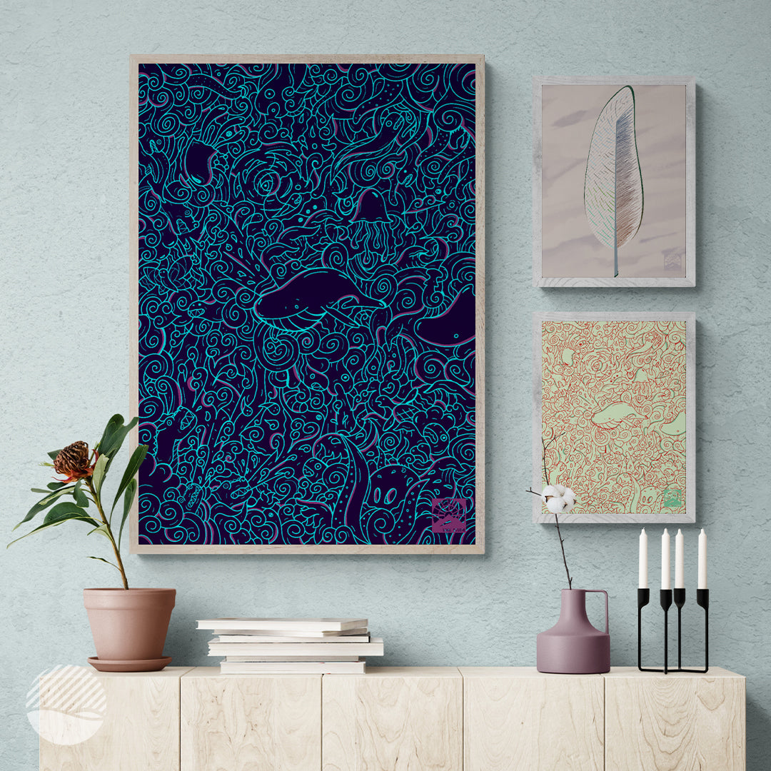 Living room mockup of Ocean Dreams in South Sea and Great Reef plus unknown feather art print by SOAL Studio on NOKUKO.com 