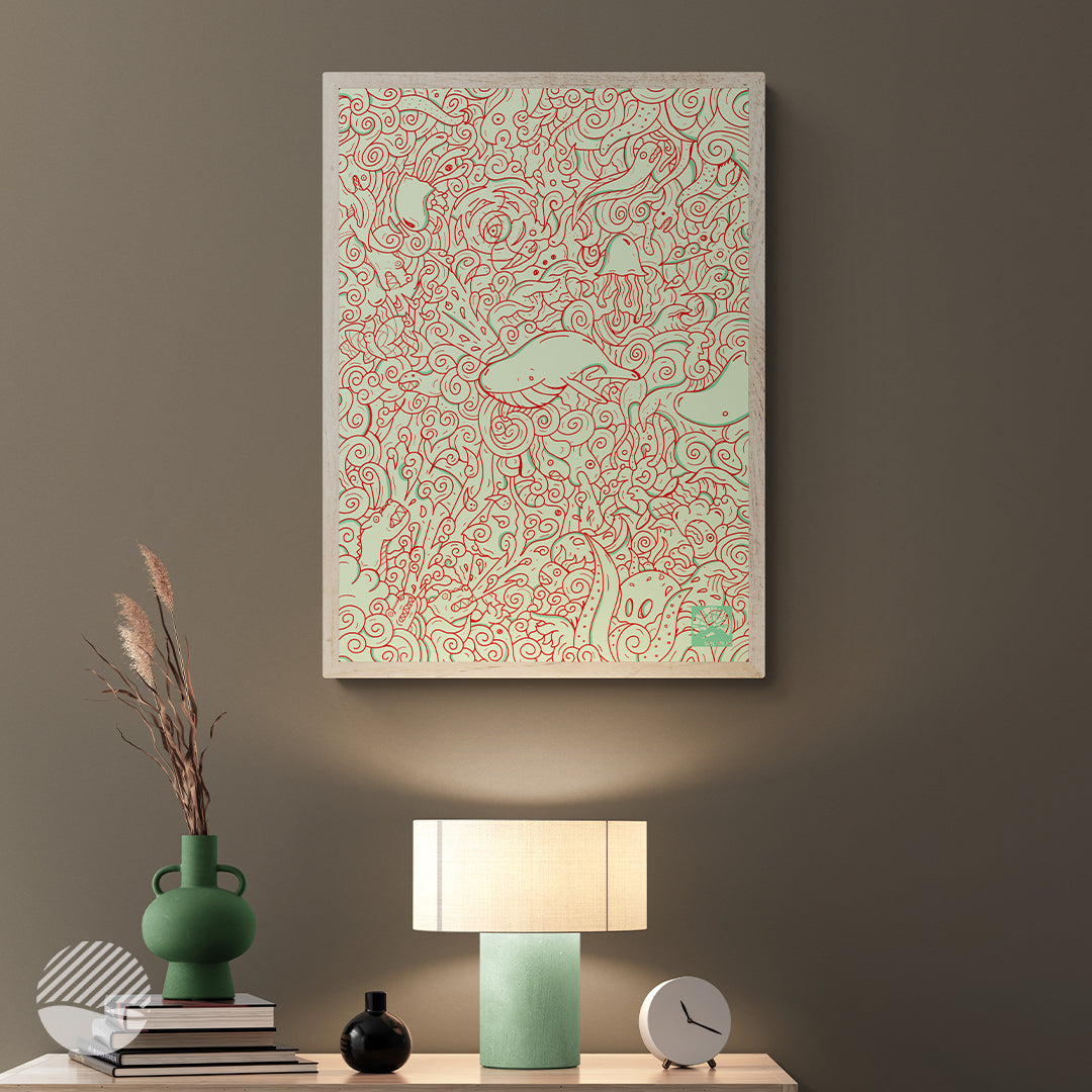 Brown Living room mockup of Ocean Dreams in South Sea and art print by SOAL Studio on NOKUKO.com 