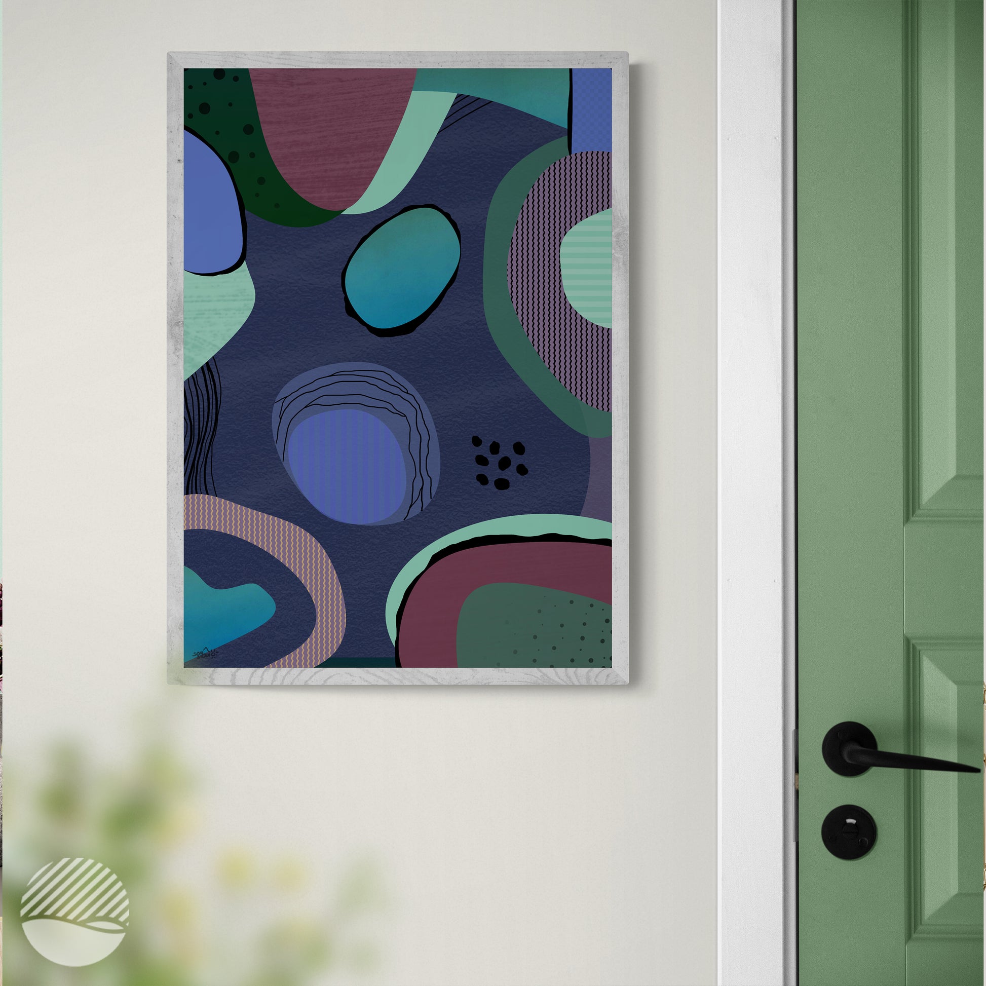 On The Beach art print by SOAL Studio. Moonlight Edition hanging next to green door.