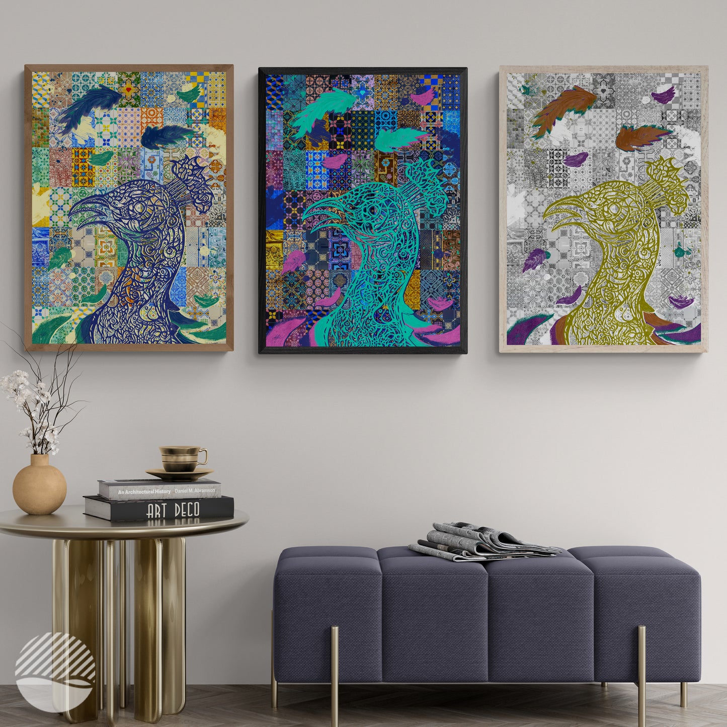 Prominent Peacock by Alan Pedersen - Alantherock - all edition side by side in lounge