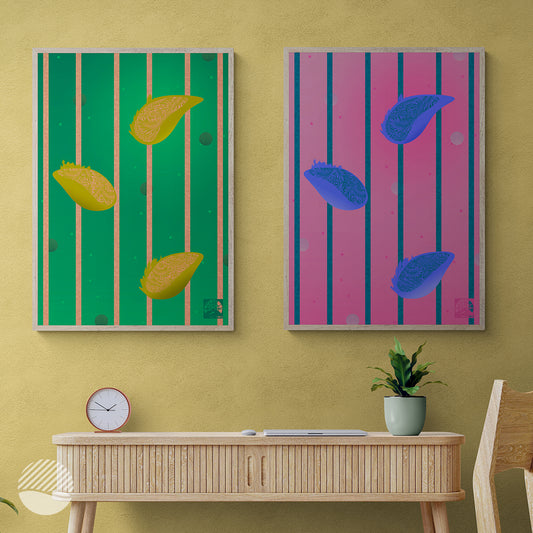 Living room mockup of Raining Lemons in Green and Pink art print by SOAL Studio on NOKUKO.com 
