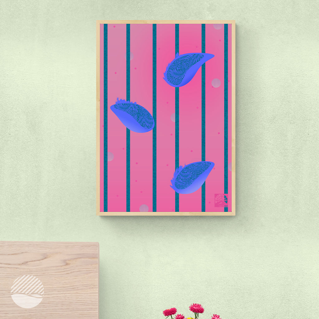 Bedroom mockup of Raining Lemons in Pink art print by SOAL Studio on NOKUKO.com 