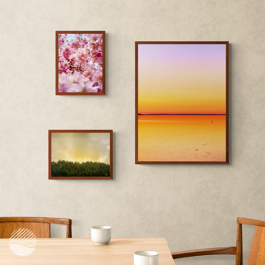 Sunset Reflection Art Photo Print by Alan Pedersen - Alanytherock - Dinning Room mockup settings with two other Alantherock prints