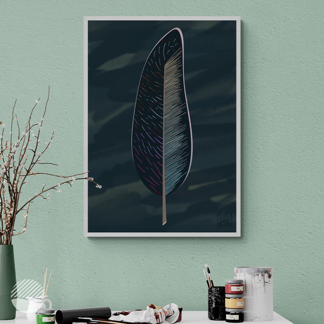 Workspace room mockup of Unknown Feather in Dark art print by SOAL Studio on NOKUKO.com 