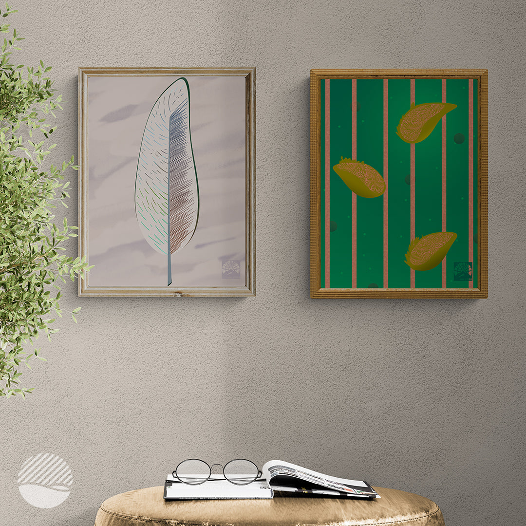 Living room mockup of Unknown Feather in Light plus raining lemons art print by SOAL Studio on NOKUKO.com 