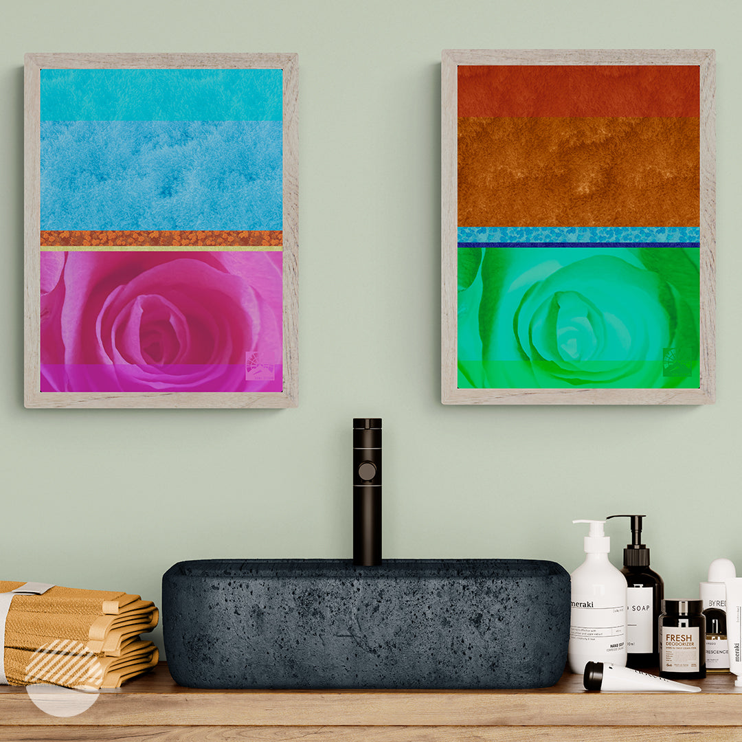 Bath room mockup of Wavy Rose - Orange Green and Pink Ice art print by SOAL Studio on NOKUKO.com
