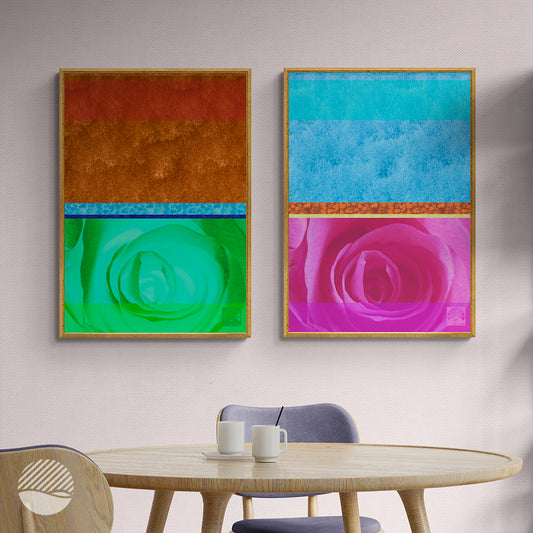 Dinning room mockup of Wavy Rose - Orange Green and Pink Ice art print by SOAL Studio on NOKUKO.com