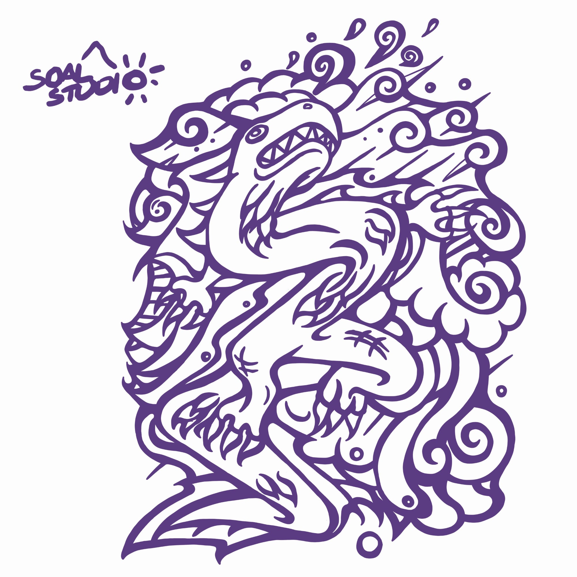 SOAL Studio batch #1 colourline - White and Purple Dragon example. Purple dragon illustration with 'SOA Studio' logo above on a white background
