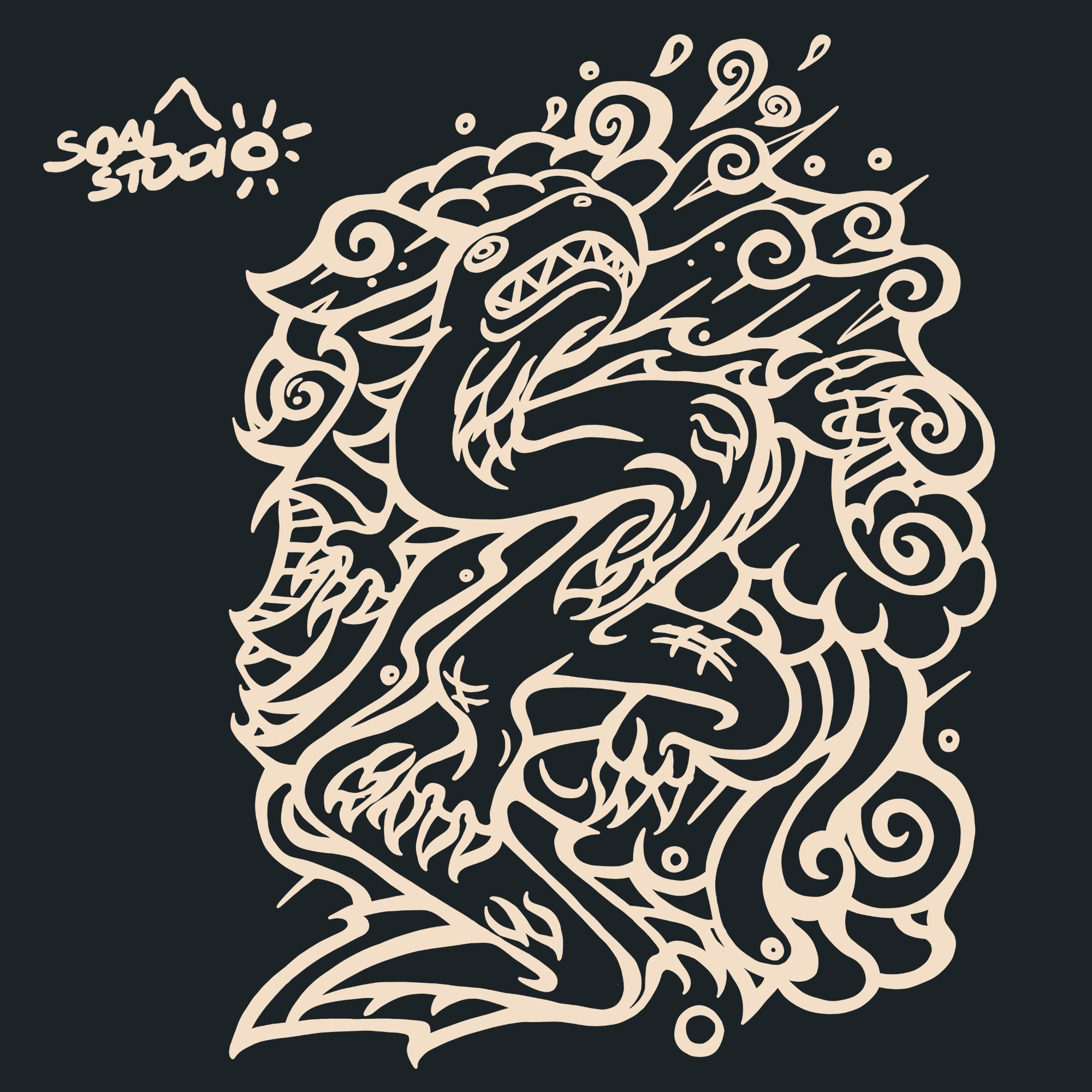 SOAL Studio batch #1 colourline - Black and Off-white Dragon example. Decorative dragon design on a black background with 'Soul Studio' logo.